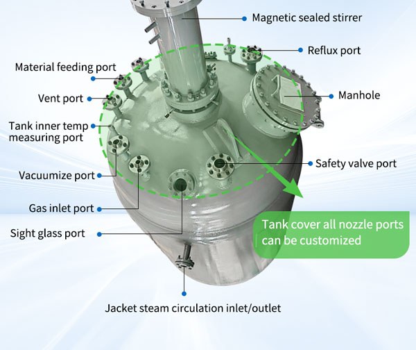 6000L SS316L Clad-Plate Catalytic Reactor annotated nozzle layout
